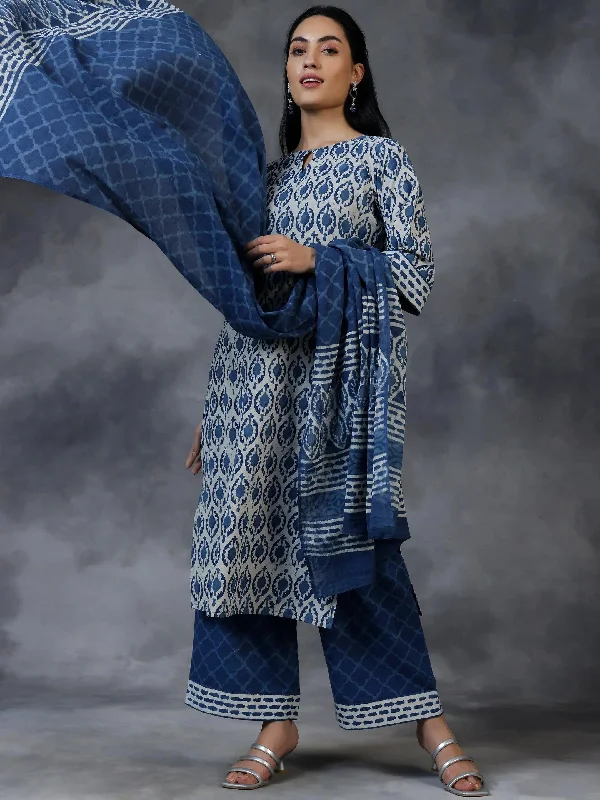 Casual Ease Blue Printed Cotton Straight Suit With Dupatta