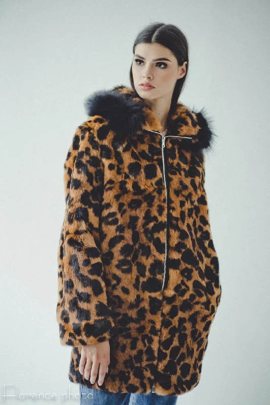 Casual Chic Outfits Rabbit Fur Jacket with Hood (Leopard)