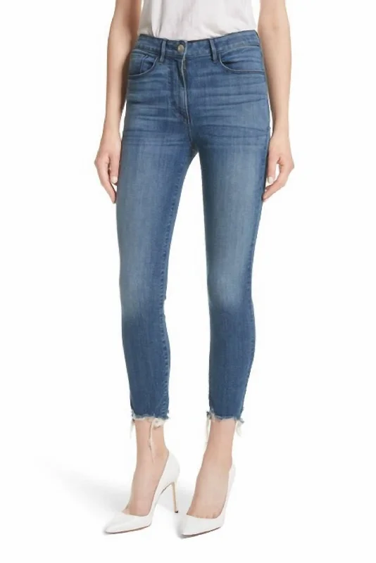 Fashion Comfort Women W3 Remo Fringed Edges Crop Skinny Denim Jeans In Blue