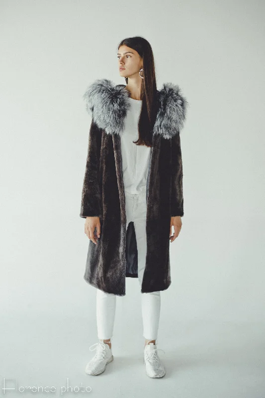 Soft Clothing Hooded Long Silver Fox and Beaver Coat