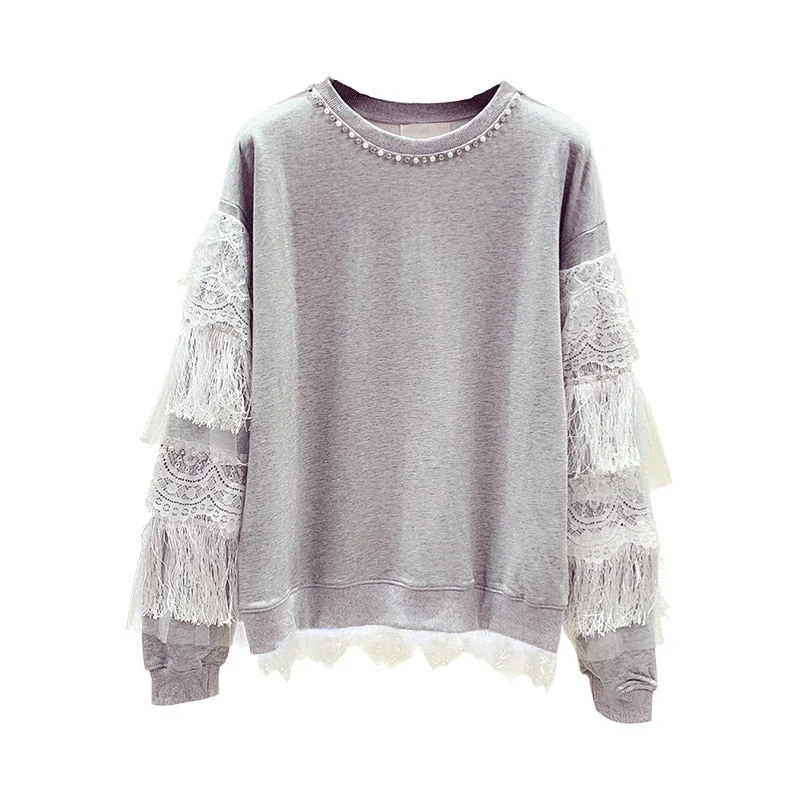 Cozy Fitting Sweatshirt Hoodies Female O Neck 2019 Autumn and Winter New Korean Stitching Tassel Loose Long Sleeve Loose Sweatshirt