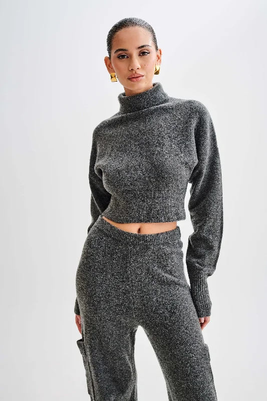 Relaxed Tops Darius Turtleneck Knit Crop Top - Charcoal Marle
