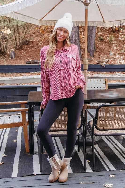 Cozy Fitting Burgundy Half Button Up Ribbed Pullover - FINAL SALE