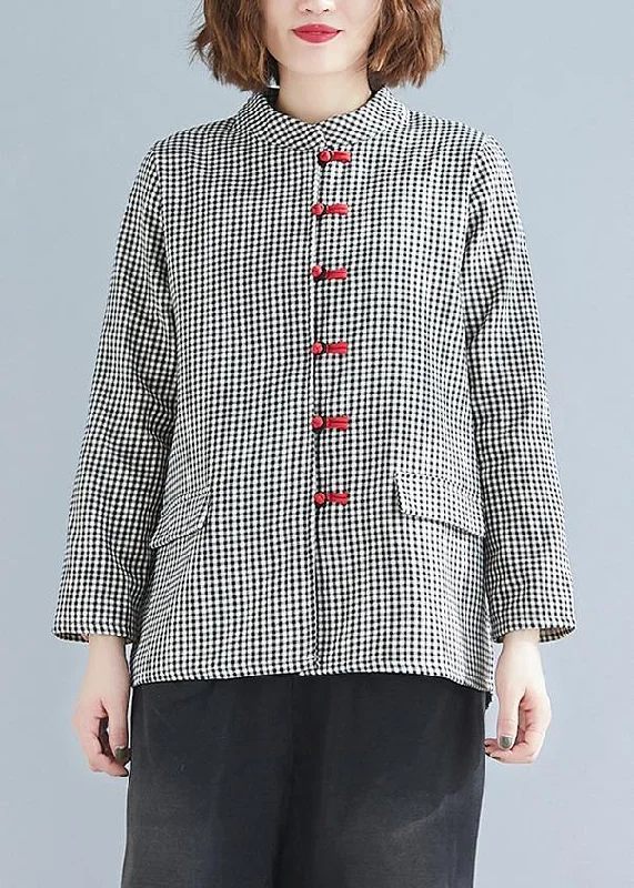 Elegant Fit DIY stand collar pockets linen Blouse gray plaid top