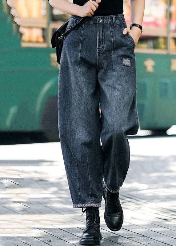 Sporty Wear Style Navy High Waist Pockets Harem Casual Fall Denim  Pants