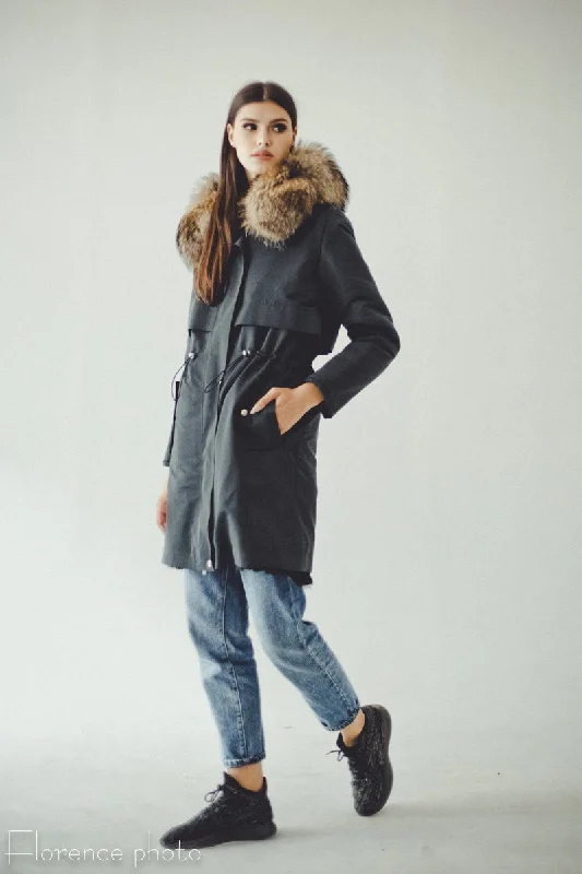 Easygoing Fashion Rabbit Fur Parka Coat (Black)