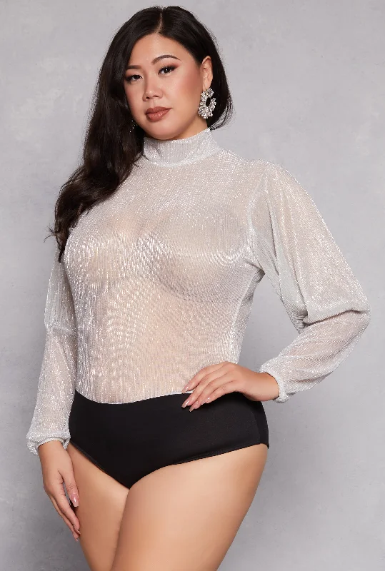 Smart Comfort Wear Plus Size Lurex Balloon Sleeve Bodysuit