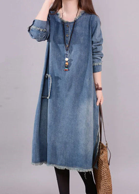 Simple Looks Art Blue O-Neck Pockets Button Denim Fall Long sleeve Dress