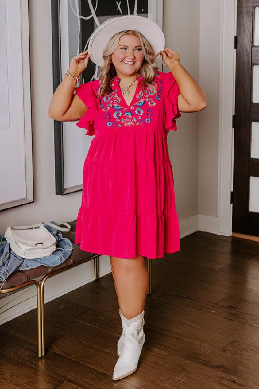 Comfortable Fitwear Hidden Bungalow Embroidered Dress In Hot Pink Curves