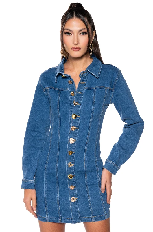 Stylish Ease DON'T PUSH MY BUTTONS DENIM MINI DRESS