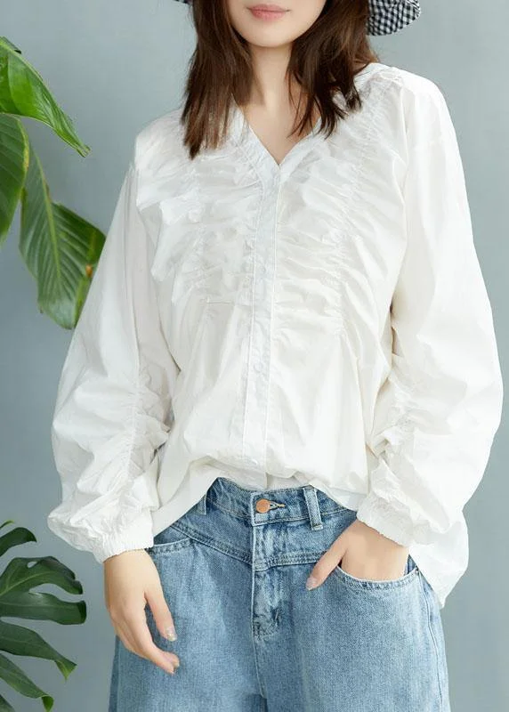 Soft Tops Boutique White V Neck Button Casual Fall Long sleeve Blouse Top