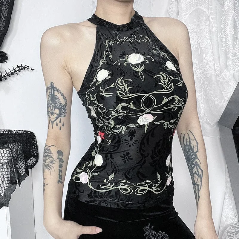Weekend Comfort Wear Women's Gothic Halterneck Floral Flocking Tank Top