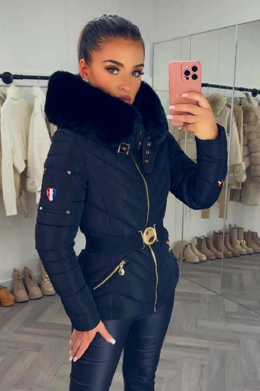 Simple Chic Puffer Jacket With Fur Hood And Belt Black