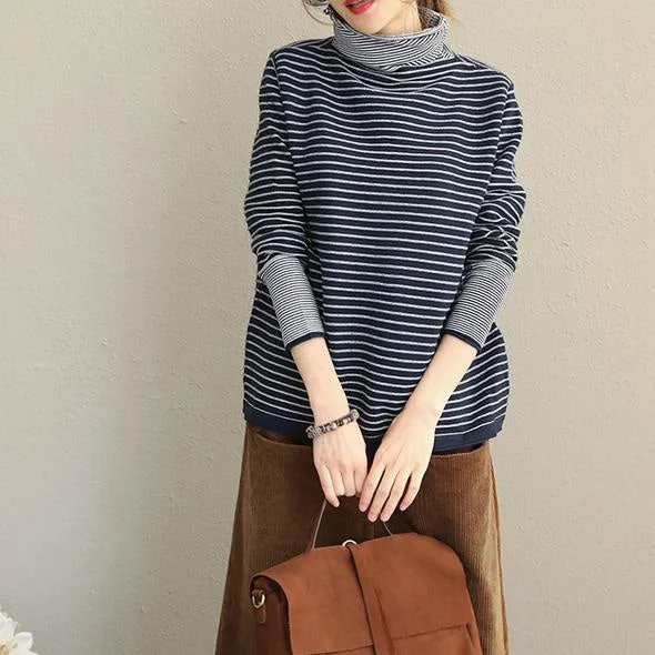 Soft Wearables Fashion Women High Neck Striped Sweater Loose Tops