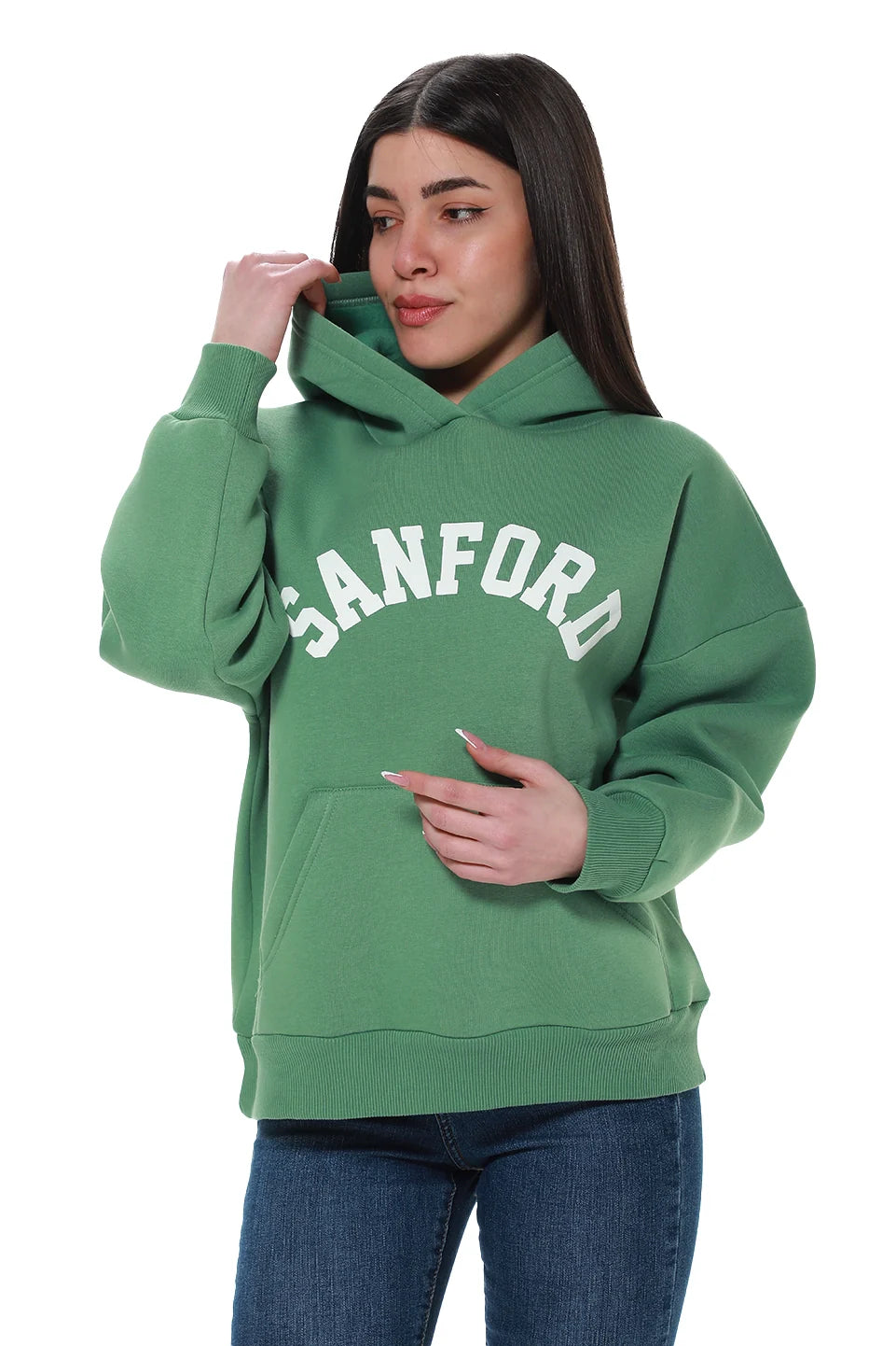 Casual Comfort Green Fleeced Hoodie With Front Printed Design