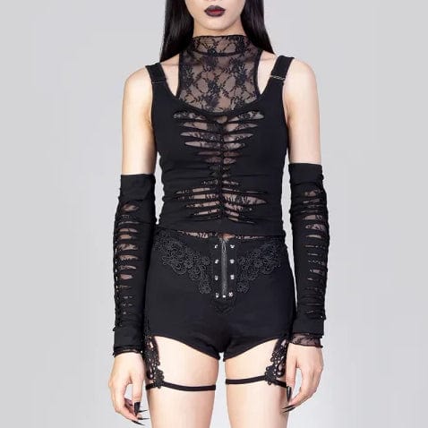 Comfy Pants Women's Gothic Rippes Mesh Splice Tank Top with Oversleeves