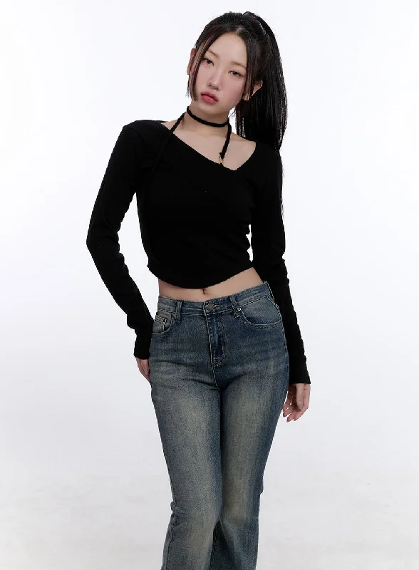 Elegant Dressing Strappy Long-Sleeve Halter Crop Top CJ513