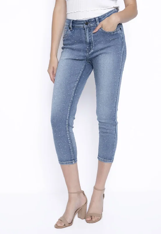 Classic Comfort Bling Capri Jean In Light Denim