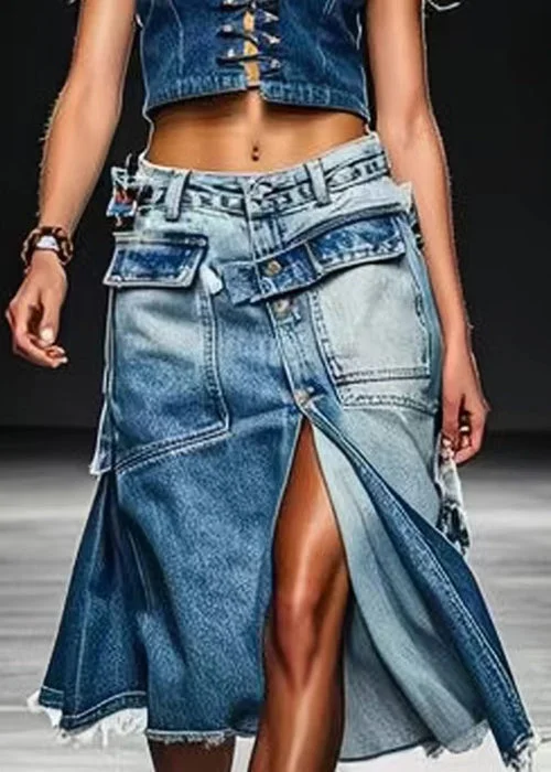 Soft Feel French Blue Button Pockets Front Open Denim Skirt Summer