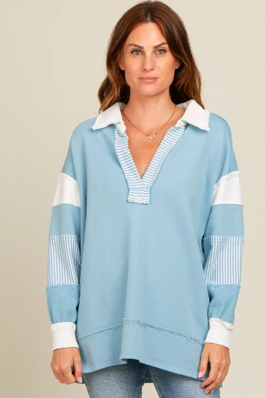 Versatile Casuals Blue Colorblock Stripe Polo Pullover Top