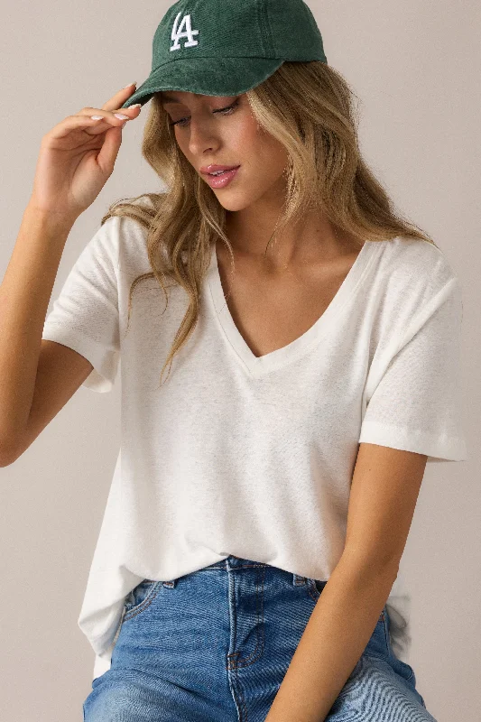 Comfortable Sweaters All The Way Ivory V-Neckline Washed Tee