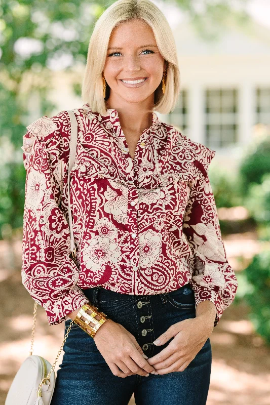 Relaxed Jackets Keep It Up Sangria Red Floral Ruffled L/S Blouse