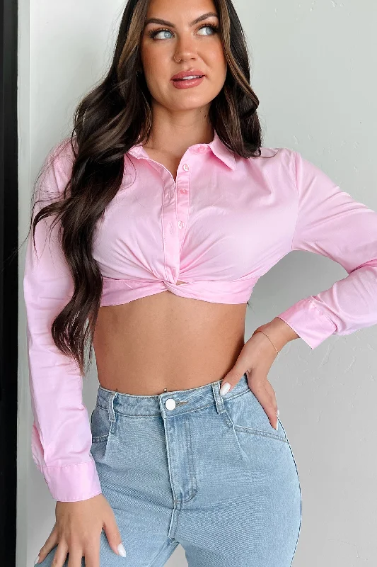 Effortless Dressing Business Proposition Cropped Button-Down Shirt (Light Pink)