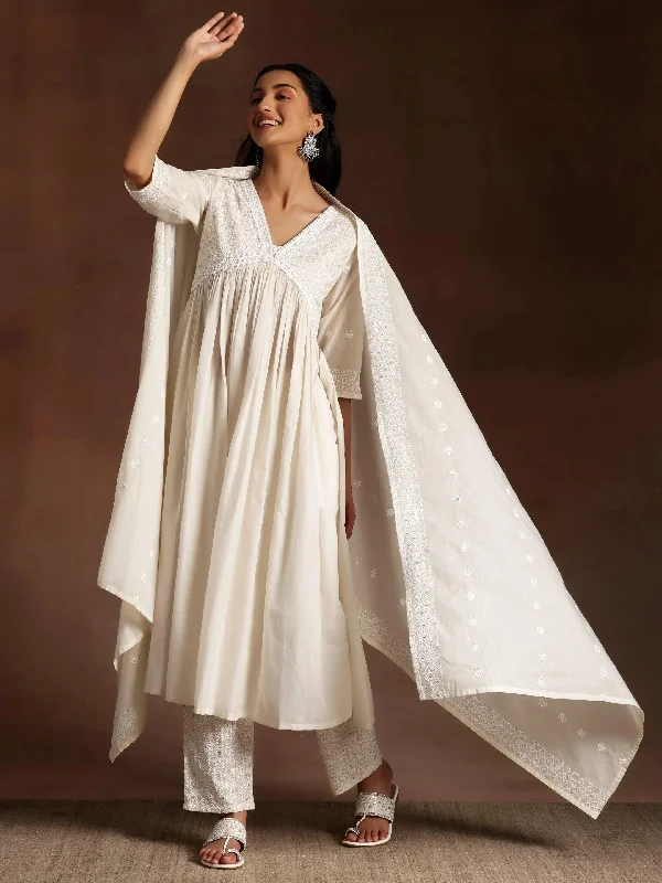 Cozy Essentials Alizeh Off white Embroidered Cotton A-Line Kurta With Palazzos & Dupatta Cozy Essentials Alizeh Off white Embroidered Cotton A-Line Kurta With Palazzos & Dupatta