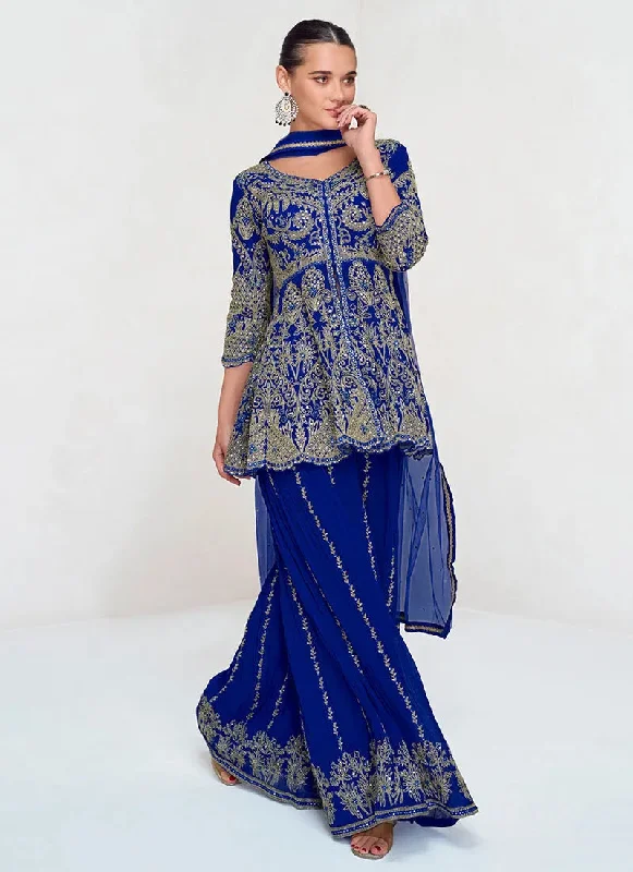 Relaxed Clothing Passionate Royal Blue Embroidered Designer Sharara  Suit