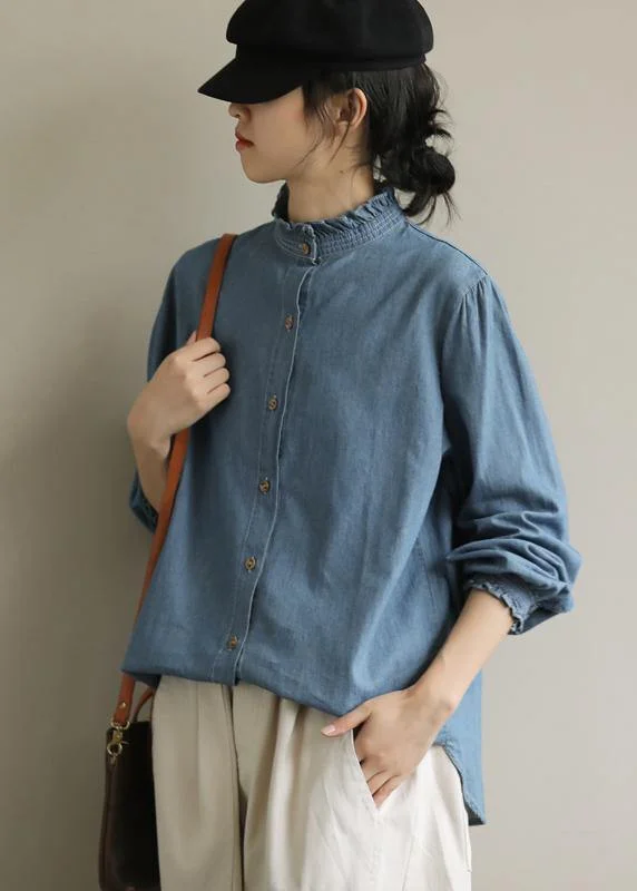 Classic Comfort DIY stand collar Button Down top Fashion Ideas blue blouses