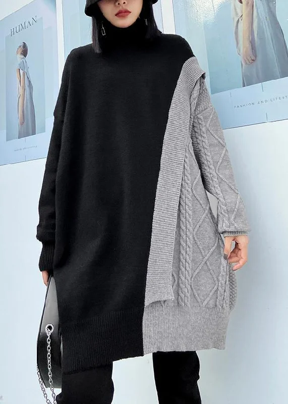 Breezy Comfort Cute gray clothes For Women high neck patchwork trendy plus size knitwear