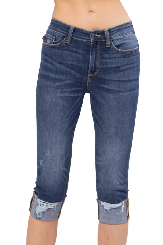 Cozy Lounge Wear Destroyed Cuffed Mid-Rise Skinny Capri In Medium Wash