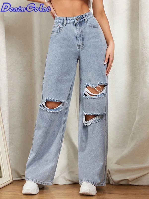 Comfortable Jeans DenimColab 2022 Hole Washed Wide Leg Pants Jeans Women Loose Boyfriend Jeans 100% Cotton Mom Jeans Casual Trousers Denim Pants
