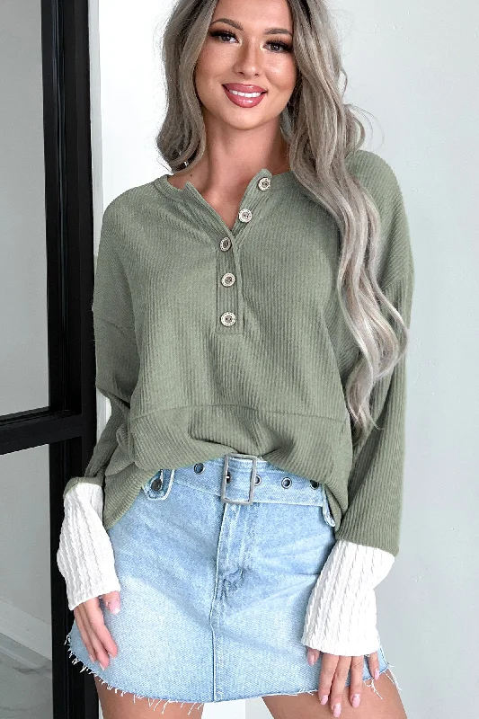 Cozy Knits Forcing The Issue Mixed Knit Oversized Henley Top (Olive)