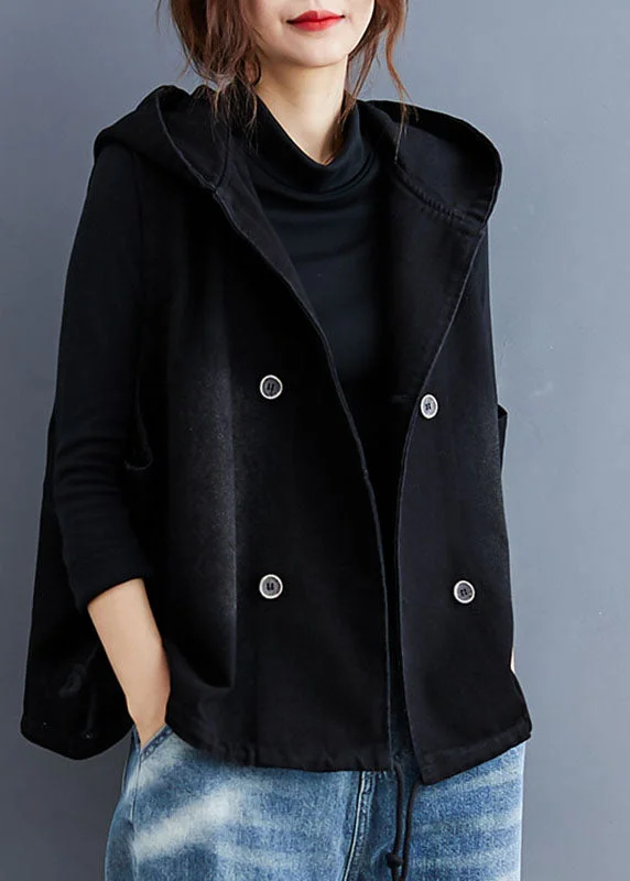 Cozy Fashion Unique Black Hooded Button denim Trench Sleeveless Vest