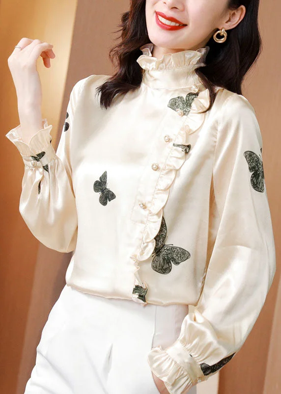 Urban Chic Classy Apricot Stand Collar button Ruffled print Silk Top Spring