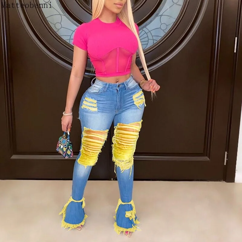 Comfortable Tops New Sexy Ripped Jeans For Women High Waist Jeans Vintage Flare Jeans With Holes Patchwork Bell Bottom Jean Denim Pants Trousers