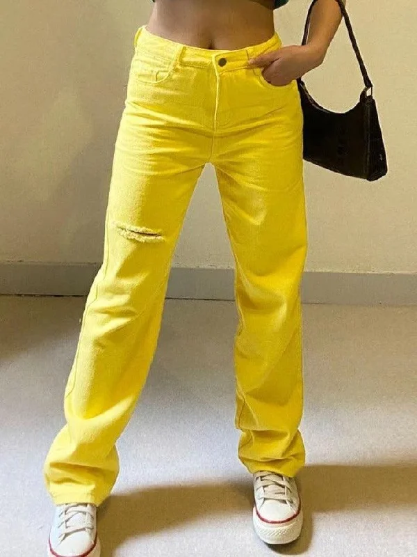 Cozy Essentials Yellow Distressed Ripped Jeans