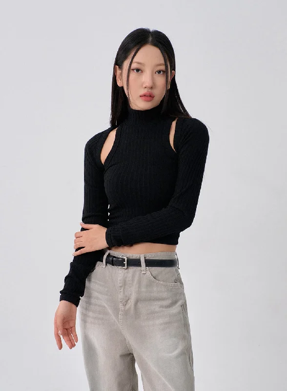 Chic Outfits Knit Turtleneck Tank Top And Bolero Set CN11