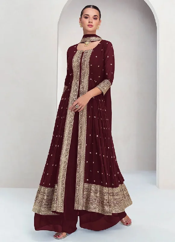 Warm Layers Elegant Maroon Embroidery Traditional Palazzo Suit