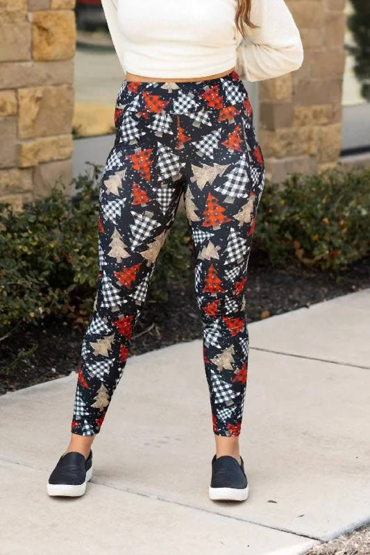 Comfortable Chic Christmas Tree Plaid & Leopard Print Leggings In Black