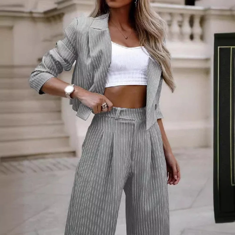 Casual Comfort Fashion Striped Short Coats & Pants Women Suits