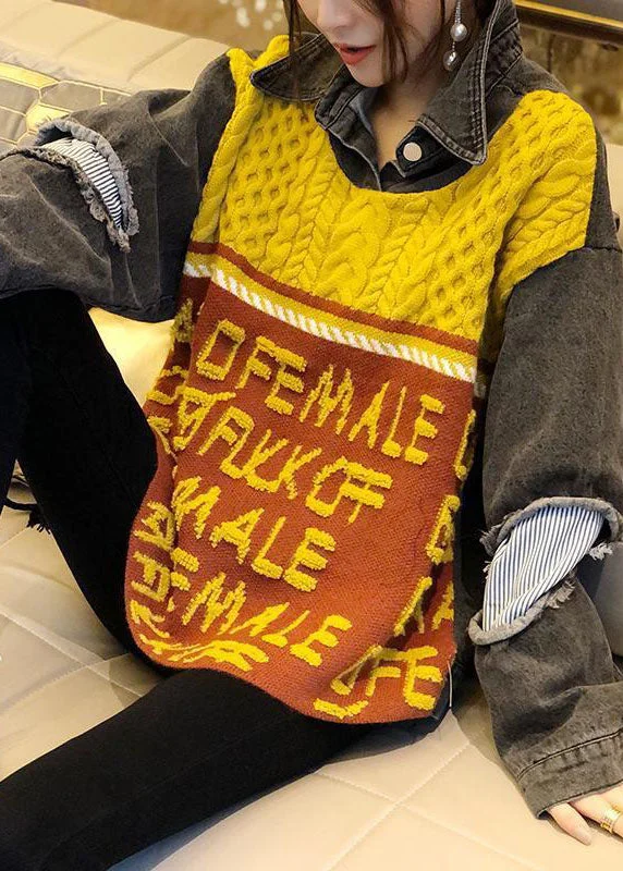 Trendy Comfort Wear Casual Yellow Denim Patchwork Loose Jacquard Fall Knit Top