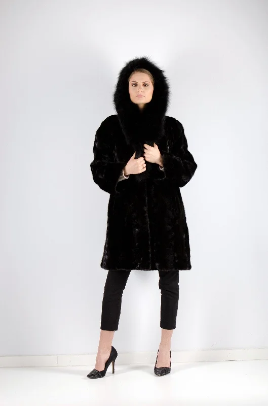 Warm Layers 12 | Black Hooded Mink With Fox Fur Trim Coat