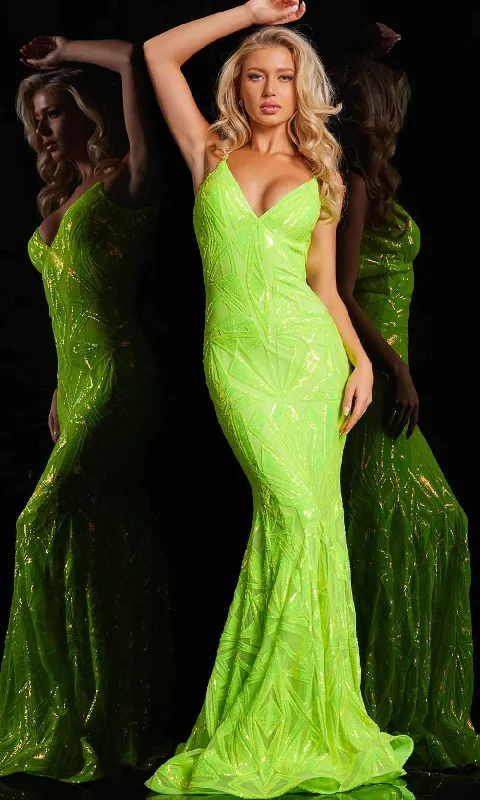 Soft Fabric Looks Jovani 36656SC - Sequin Mesh V-Neck Prom Gown