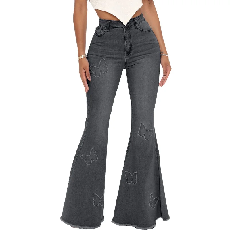 Comfortable Fitwear Gray Flared Jeans Women's High Waist Butterfly Print Denim Trousers Streetwear Flared Pants Lady Blue Jeans Denim Wide Leg Pants