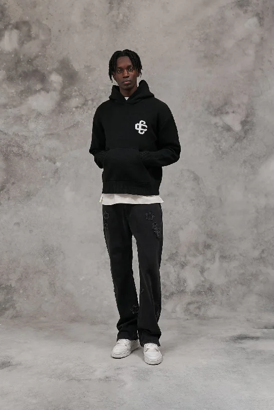 Cozy Fashions FLUFFY KNIT EMBLEM HOODIE - BLACK