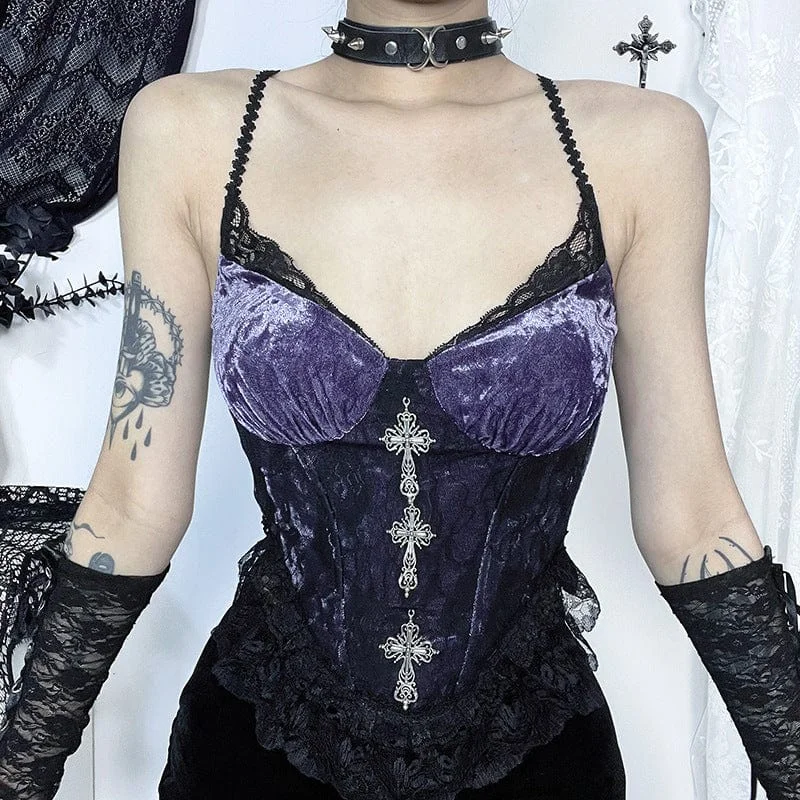 Relaxed Tops Women's Gothic Rose Lace Splice Velvet Tank Top