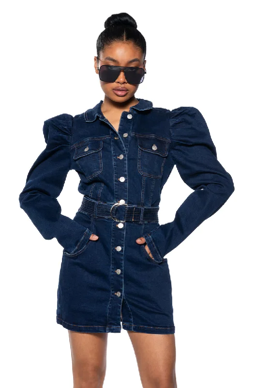 Easygoing Fashion CINCH ME UP LONG SLEEVE DENIM MINI DRESS