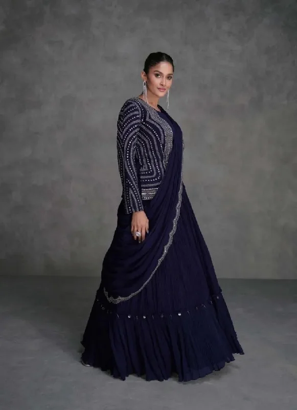 Warm Wear Designer Dark Blue  Embroidered Organza Silk Lehenga Set with Crop Top
